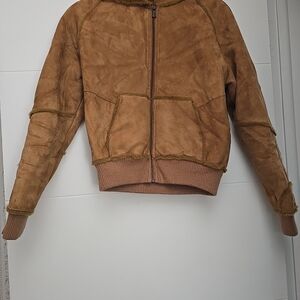 UGG Australia Women’s Shearling Bomber Jacket S/P Tan Suede Full Zip Hooded